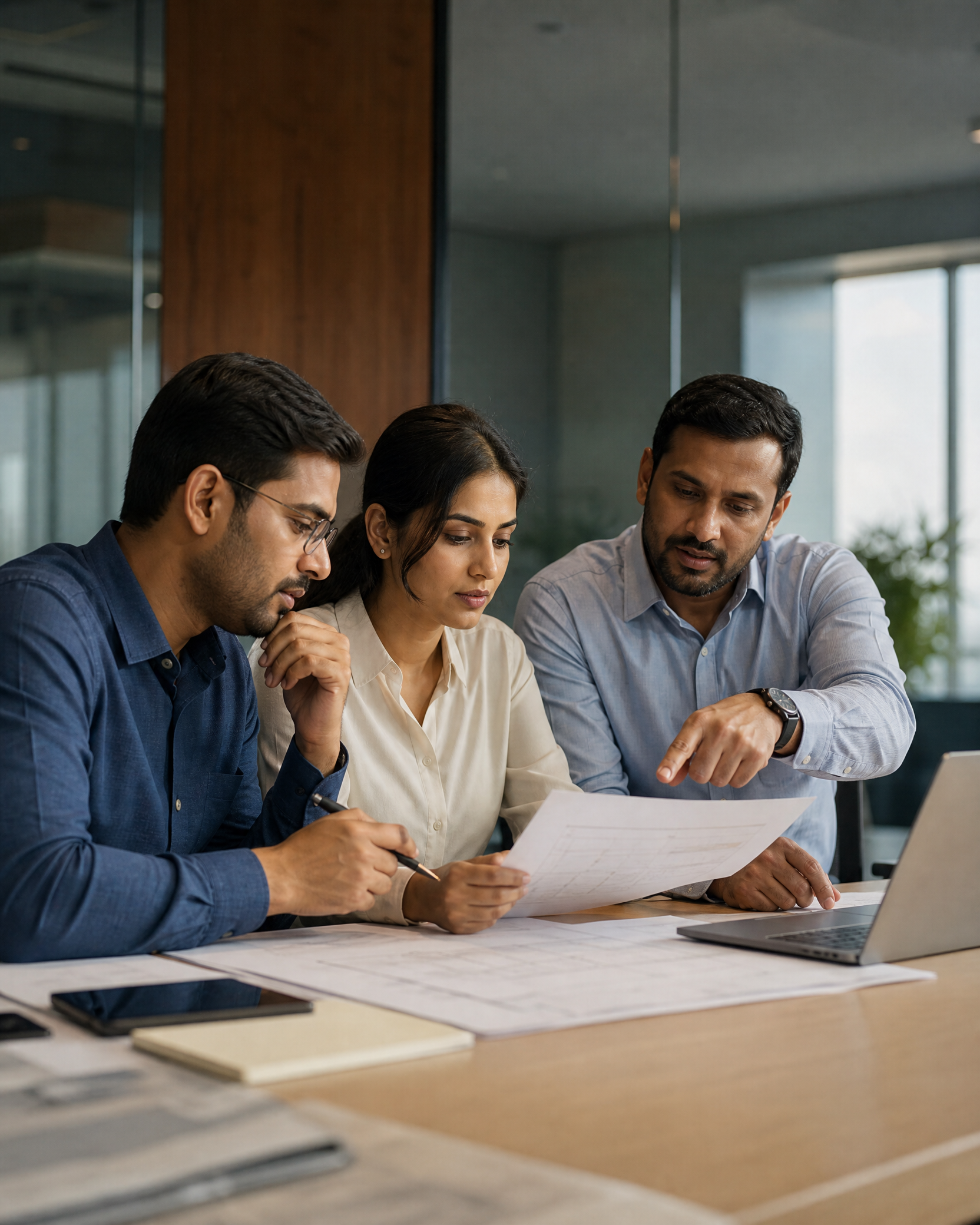 Indian engineering and project professionals reviewing project documents during a workflow assessment