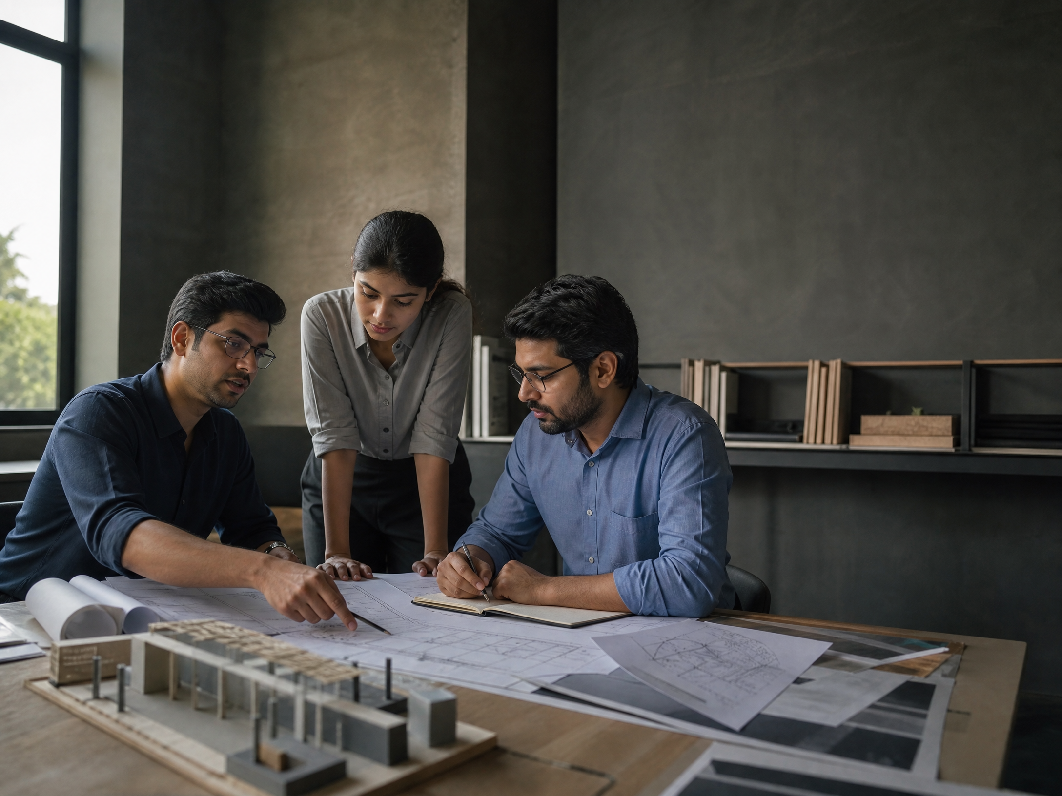 Engineering consultants conducting a design review with technical drawings and a physical model