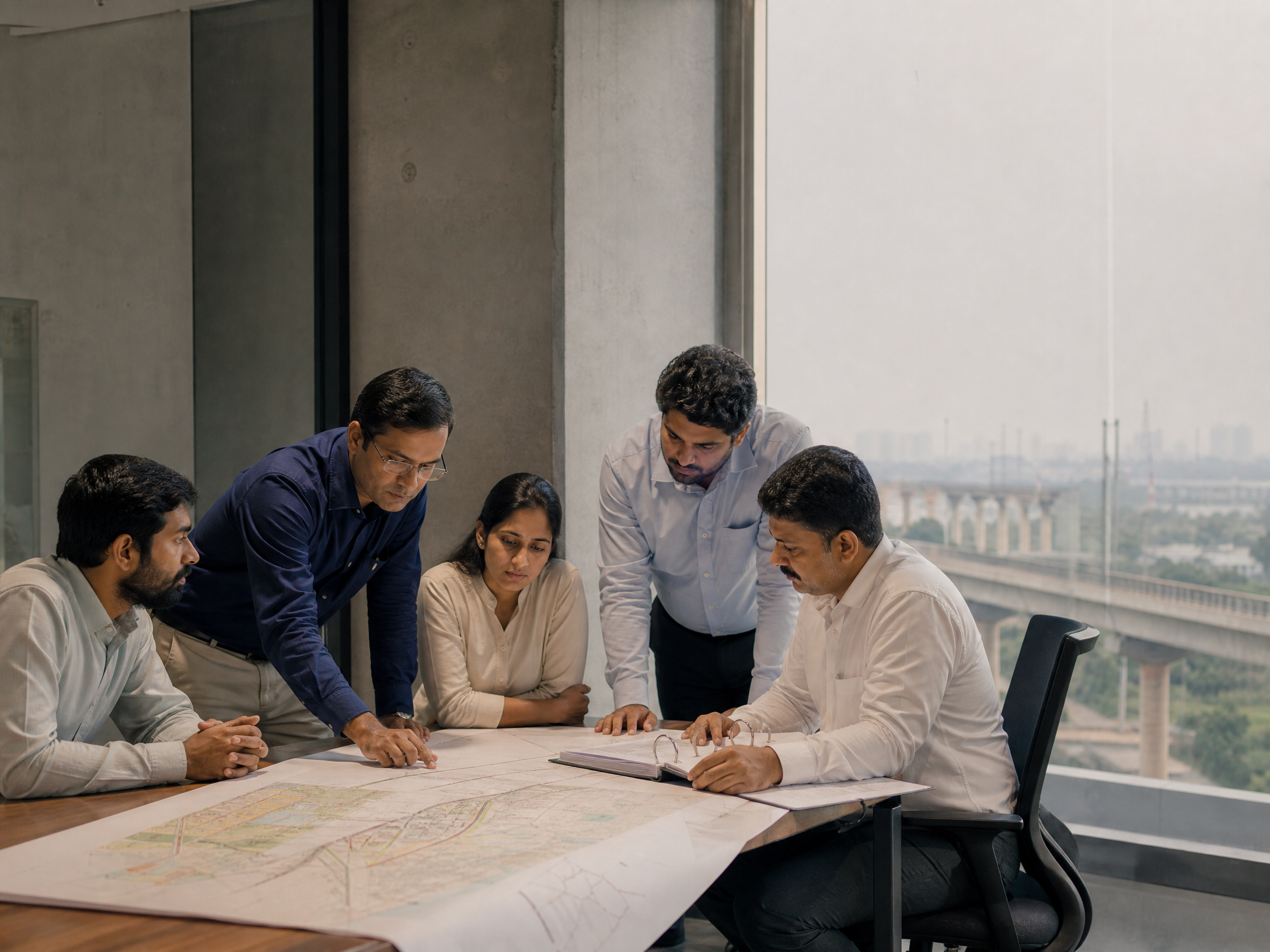 Infrastructure project leaders reviewing a site plan in a modern project office