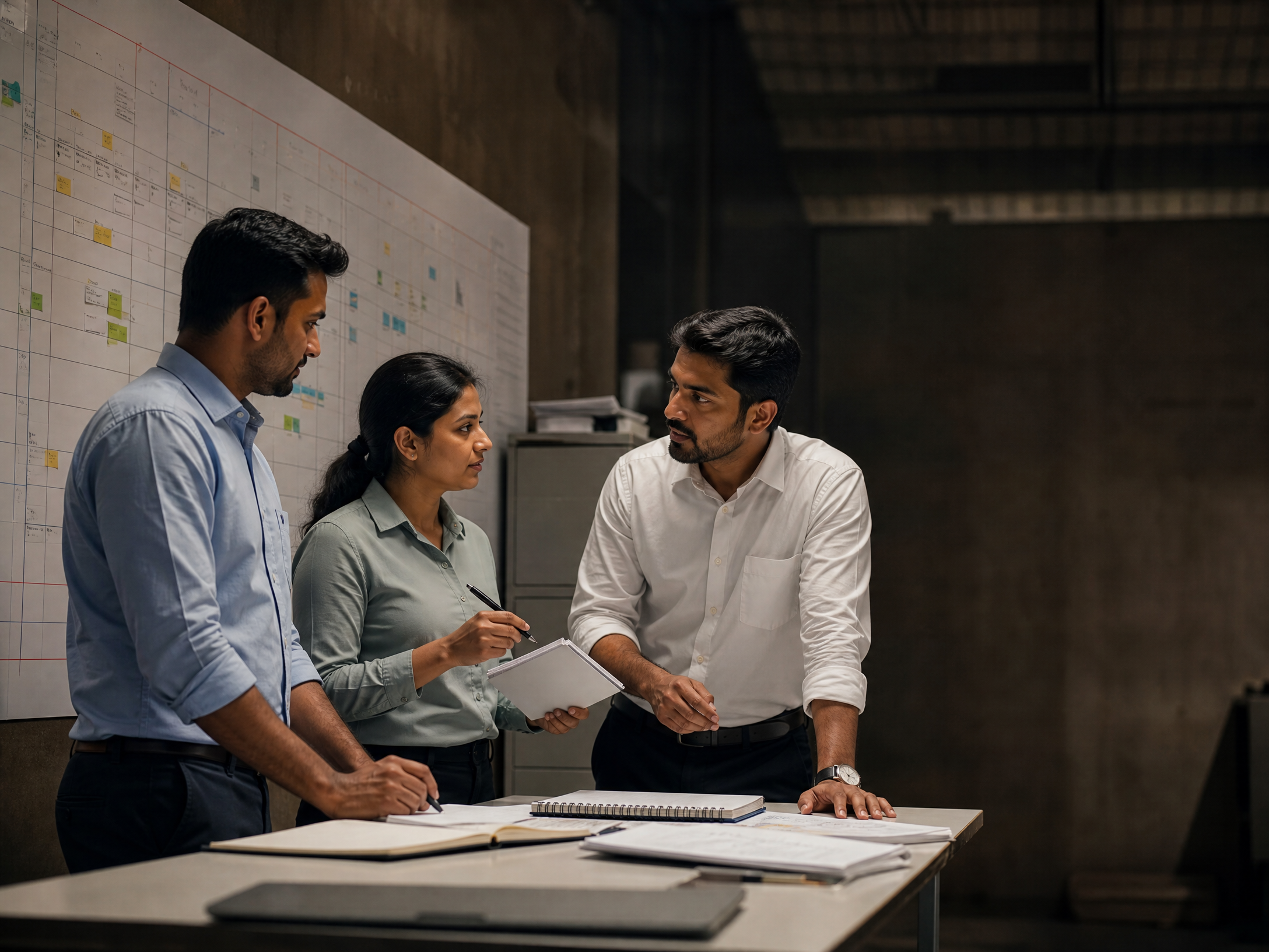 Project professionals coordinating a practical handoff in a focused project room discussion