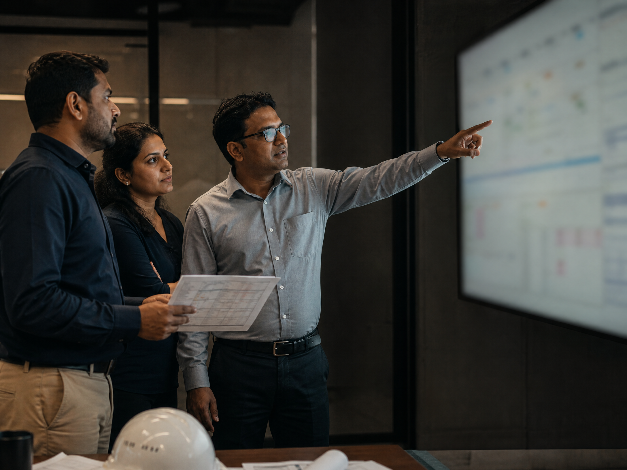 Project controls professionals reviewing reporting information in a project office