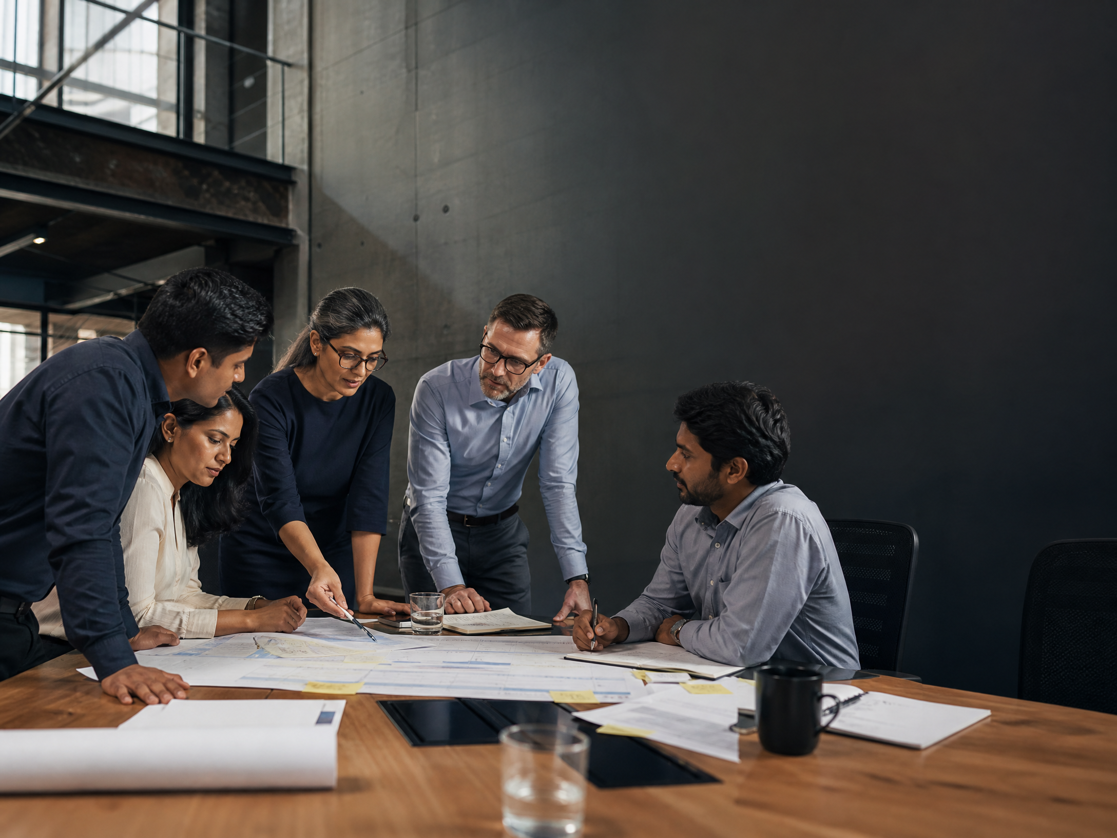 Project leadership team reviewing workflow maps and engineering documents during a workflow assessment